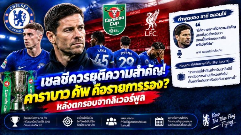 อลอนโซ่พูดไม่เต็มปาก? เชลซีร่วงคาราบาว คัพ เปิดทางลุ้นแชมป์หลุดมือ หลังแพ้ลิเวอร์พูลดวลจุดโทษ