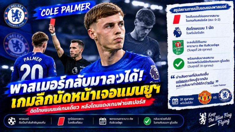 พาลเมอร์รอดแบนเกมลีก! เชลซีได้ข่าวดี ก่อนดวลแมนยูฯ หลังโดนแดงเกมพ่ายสเปอร์ส